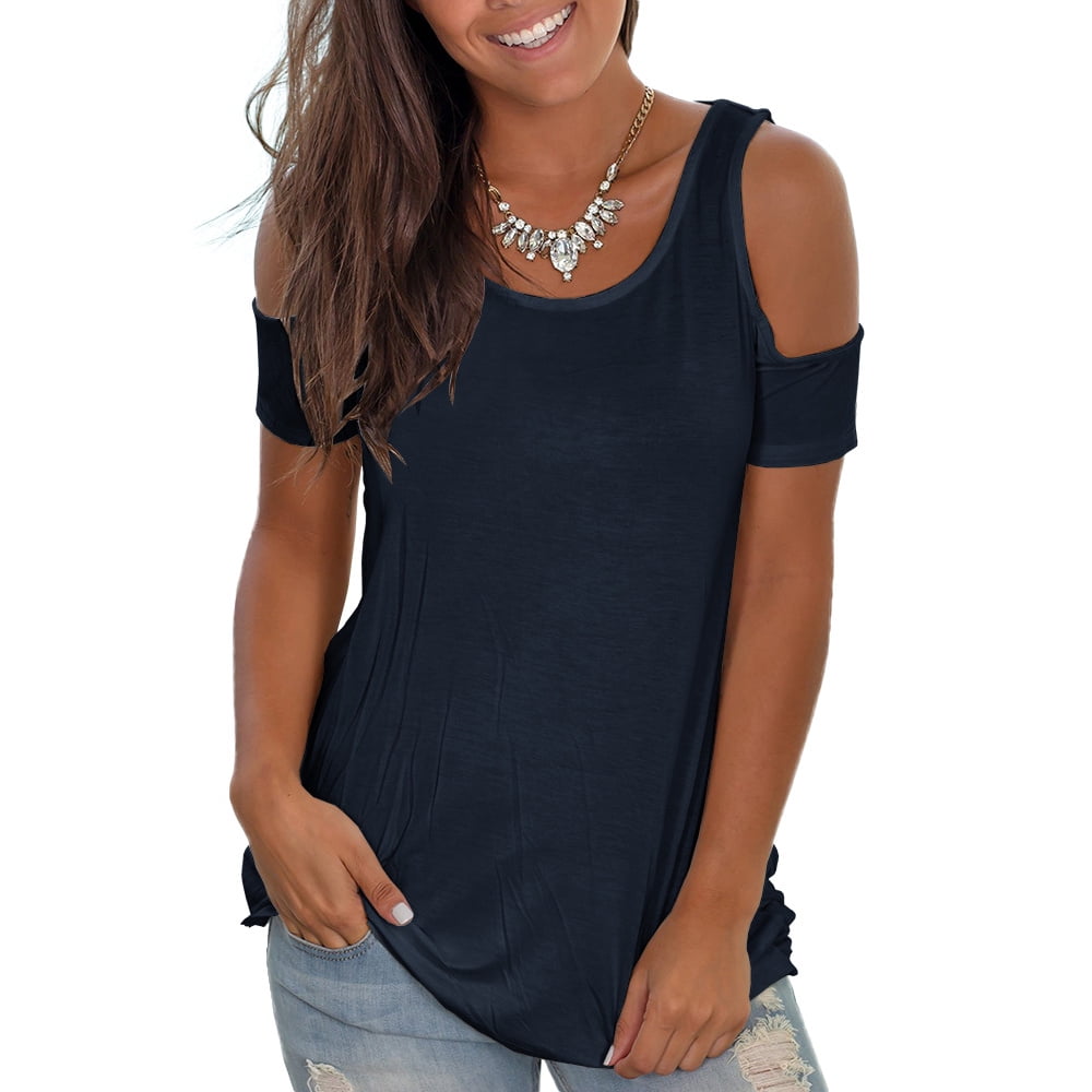 Womens Cold Shoulder T Shirts Criss Cross Twist Open Back Short