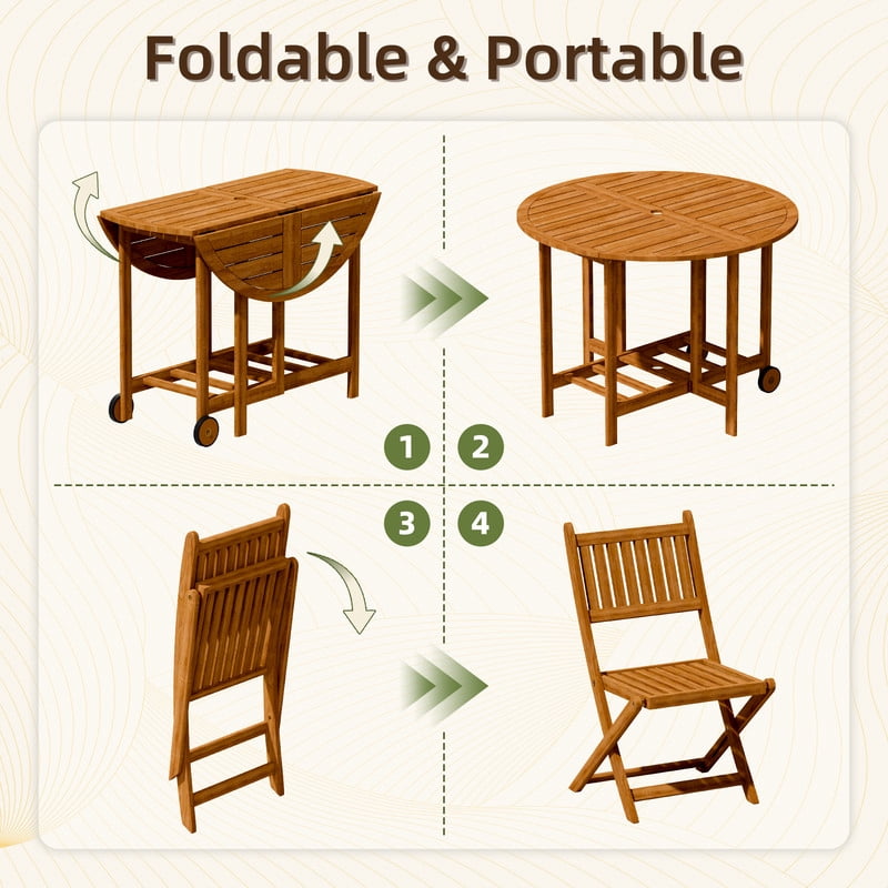 Vineego 5 Pieces Folding Patio Dining Set, Acacia Wood Round Table with 4 Chairs, Outdoor Furniture with Umbrella Hole for Deck, Garden