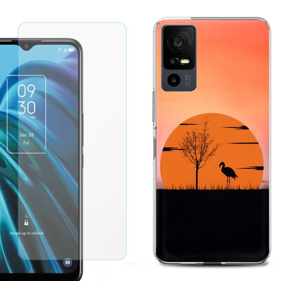 OneToughShield ® for TCL 40 XE 5G Shockproof Fashion Phone Case, with Tempered Glass Screen Protector - Sunset Flamingo