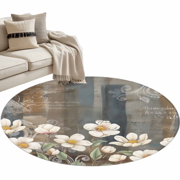 White Floral Round Rug 3ft Area Rug Washable Soft Non-Slip 3' Circle Low Pile Rugs Spring Farmhouse Vintage Flower Leaf Plant Carpet for Bedroom Living Room Entryway Home Office Dining Room