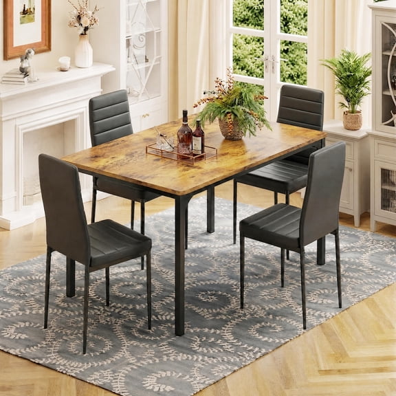 Asofer Dining Table Set for 4 with PU Chairs, Kitchen Table and Chairs for Dining Room Breakfast Nook, Retro