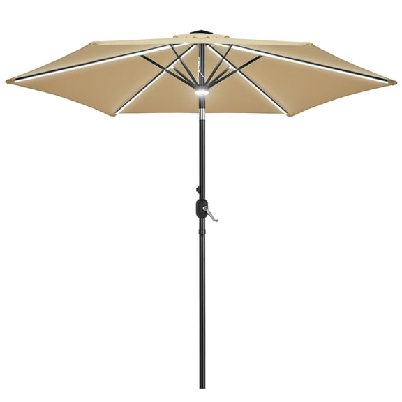Yaheetech 9ft Patio Umbrella with Solar Powered LED Lights Strips and Central Light, Tan