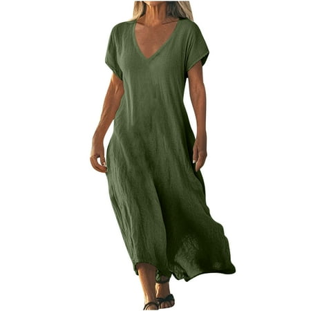 aohooy Short Sleeve Summer Dresses Women V Neck Maxi Dress Vacation Style Casual Flowy Swing A Line Beach Resort Sundress Green XL