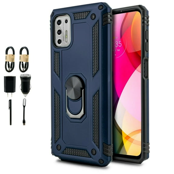 Value Pack for Motorola Moto G Stylus 2021 (NOT FIT 2020 Version) with Tempered Glass Case Hybrid Phone Case Ring Magnet Mount Ready Grip Grids Kickstand Slim Shock Bumper Cover