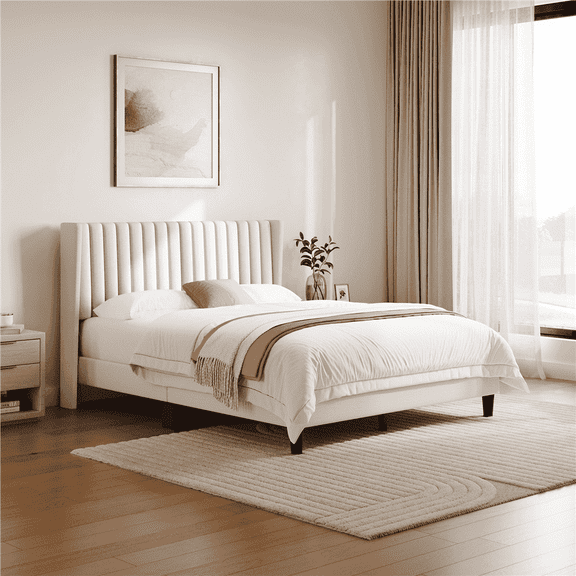 Yaheetech Upholstered Platform Queen Bed with Headboard, Ivory