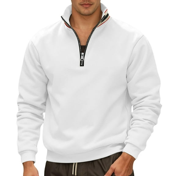 KHONTS Men's Quarter Zip Pullover Sweatshirts Long Sleeve Neck Sweatshirts Thermal Relaxed Fit Polo Shirts White XL