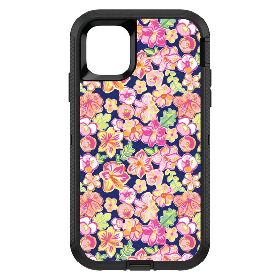 DistinctInk Custom SKIN / DECAL compatible with OtterBox Defender for iPhone 11 Pro (5.8" Screen) - Preppy Pattern - Pink Green Navy Flowers Floral