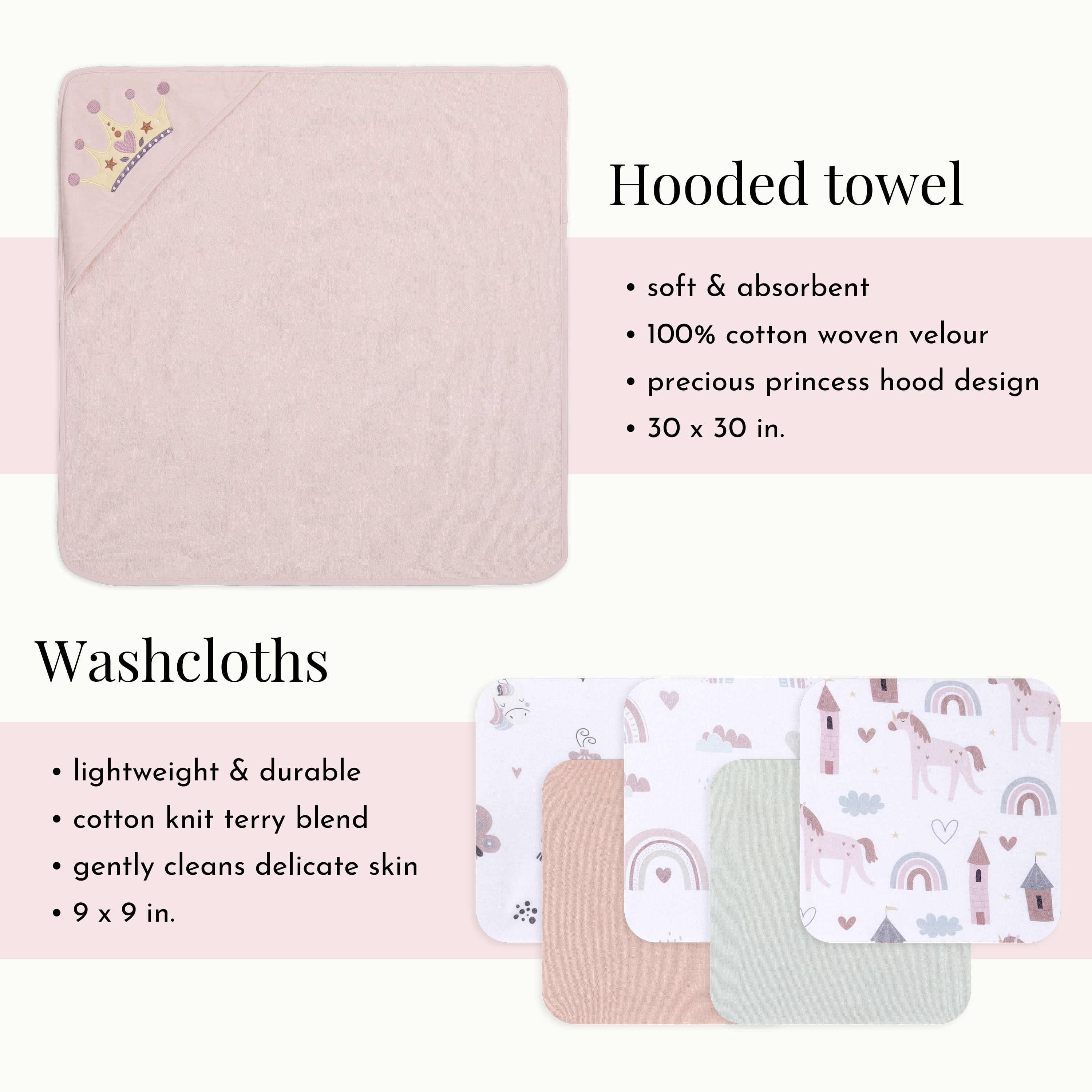 Evolur Enchanted Dreams 6 pc Gift Set - Hooded Towel & 5pc Wash Cloths, Princess Print
