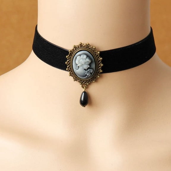 Elegant Vintage Cameo Bust Choker Necklace With Teardrop Charm, High Quality Ornate Metal Setting On Soft Velvet Band, Fashion Accessory For Women Daily Wear Special Occasions