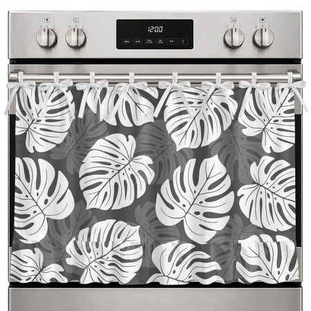 Oven Skirt Curtain Tropical Monstera Leaves Oven Curtain with 8 Ribbon Ties & Ruffle Stove Cover Black Summer Palm Leaf Oven Skirts for Stove Dishwasher Cabinet Over Sinks Kitchen Decor 27x20 Inch