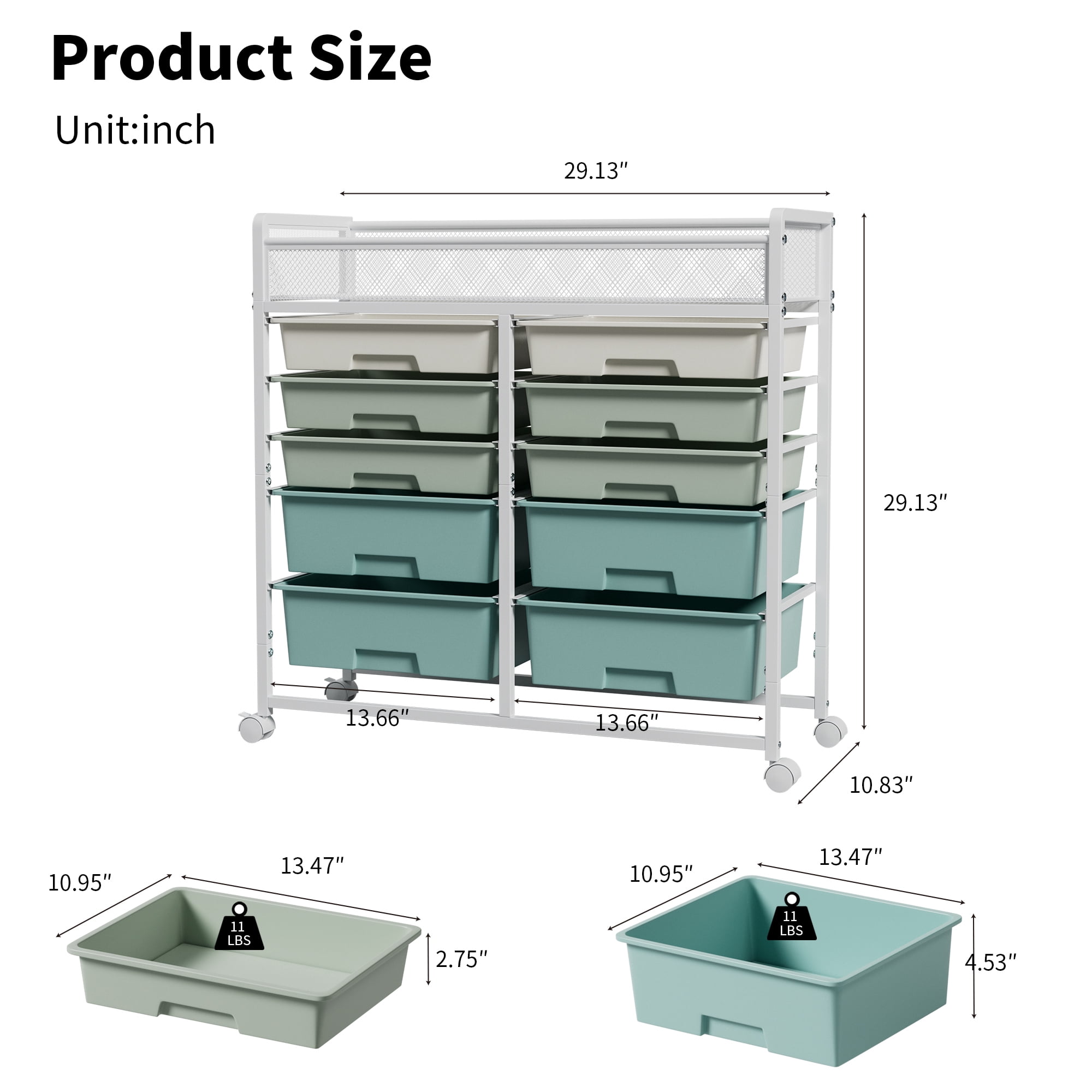 Leumius White Large Capacity 2-Row 10-Drawer Rolling Storage Cart, Metal Mesh Top Utility Organizer with Wheels, Multi-Layer Plastic Drawers for Kitchen, Bathroom, Bedroom, Office