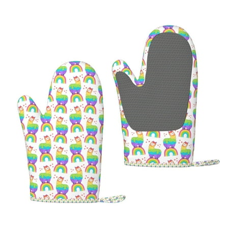 

Hirioo Rainbow Llama for Silicone Oven Mitts for BBQ Baking Cooking Set of 2 Heat Resistant 260℃ Non-Slip Kitchen Essentials