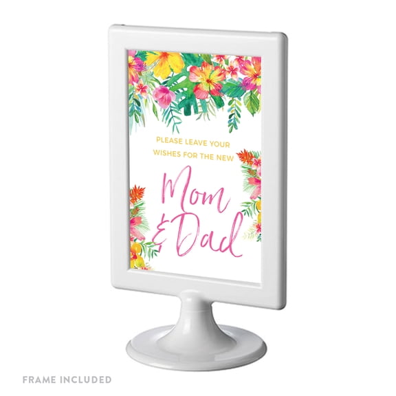 Tropical Floral Garden Party Baby Framed Party Signs, Please Leave Your Wishes for the New Mom, 4x6-inch, Includes Frame