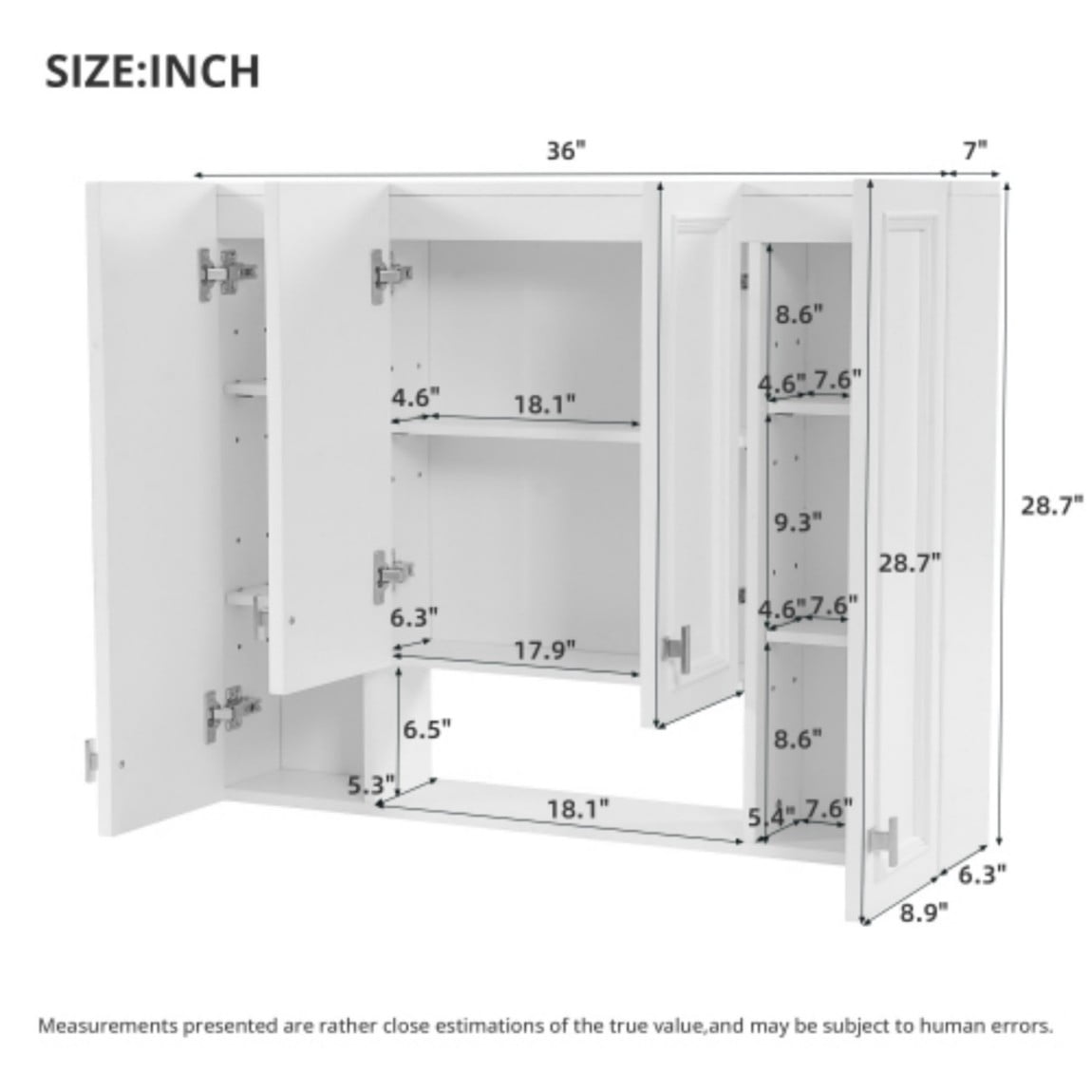 36" Wall Mounted Medicine Cabinet with 5 Adjustable Shelves, Bathroom Storage Cabinet with Open Shelving, Soft Close Hinges, Modern Bathroom Organizer, White