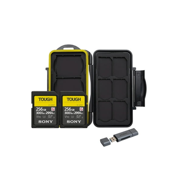 Sony 256 GB TOUGH G Series UHS-II SDXC Memory Card (2-Pack) Bundle with 2-In-1 OTG Dual Slot SD Card Reader and Memory Storage Carrying Case (3 Items)