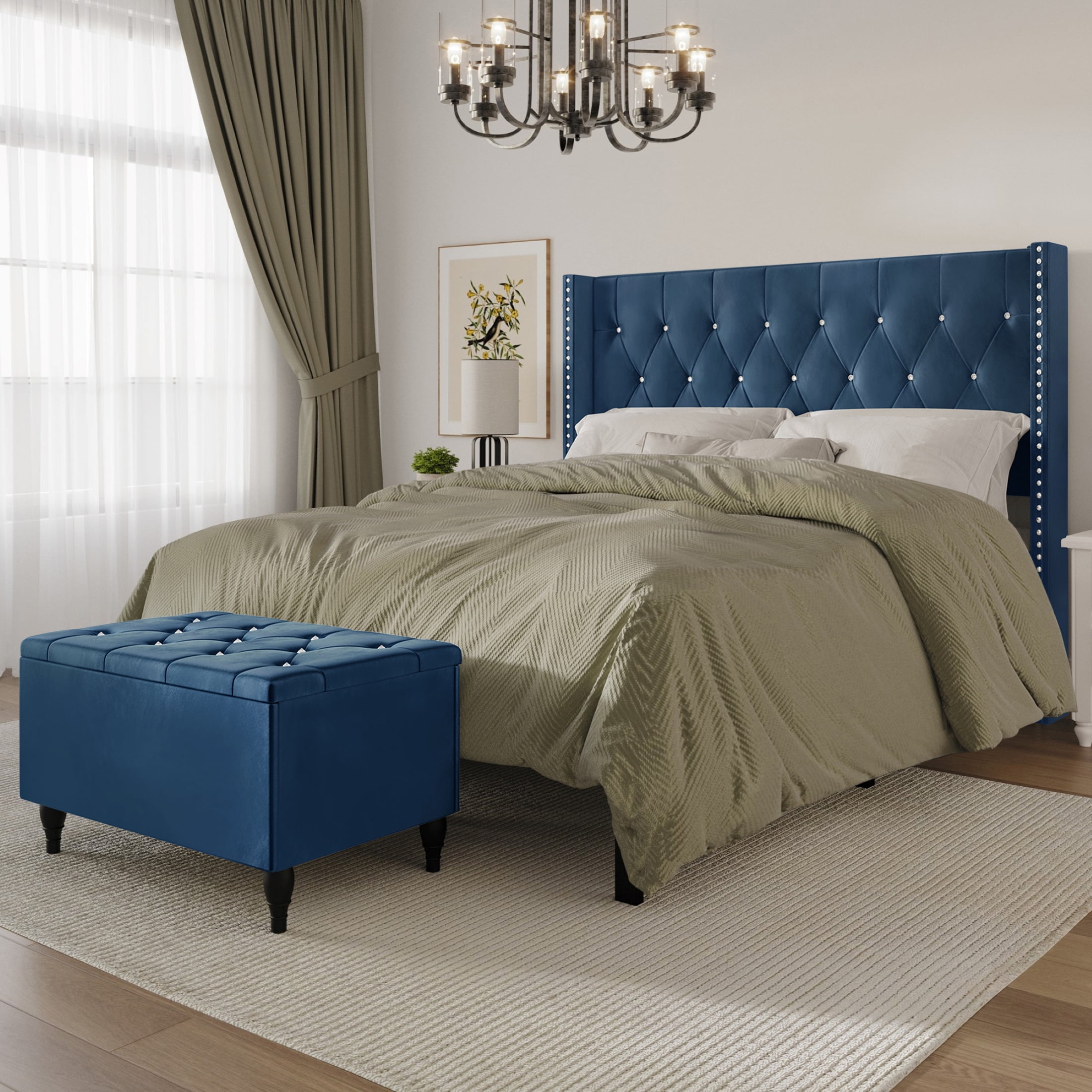 Castle Place Button Tufted Wingback Velvet Upholstered Bed with Storage Bench, Navy Blue, Full