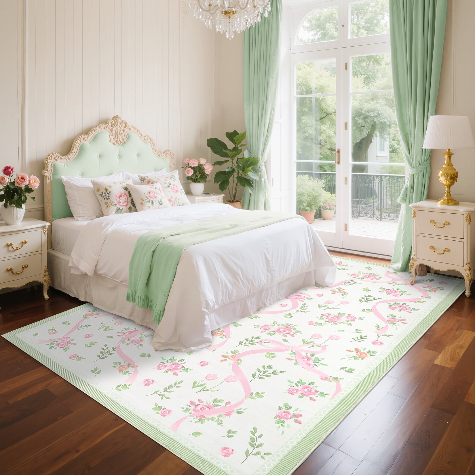 Hasoo Washable Area Rugs 8' x 10' Rug for Living Room Floral Modern Non Slip Throw Indoor Carpet, Green