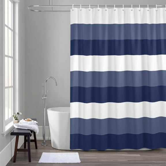 Navy Blue and White Striped 36x78 Inches Waterproof Shower Curtain, Abstract Ombre Geometric Bath Curtain Set with 12 Hooks Washable Shower Curtains for Bathroom Bathtub Decor