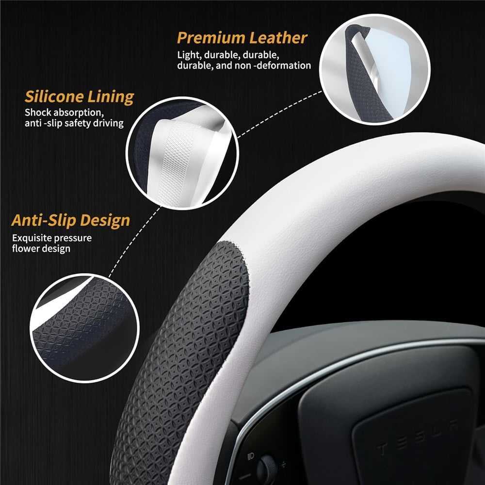 Leather Steering Wheel Cover Suitable For Tesla Model3/Y 2016-2025 2026 Juniper/Highland, Non-slip And Breathable Tesla Model3/Y Steering Wheel Protector, White