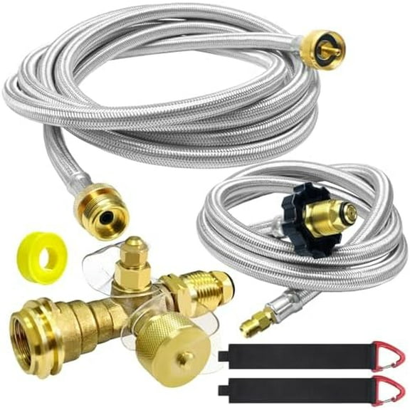 4-Port Propane Brass Tee kit with 5FT and 12FT Stainless Braided Hose, Tee Adapter Kit Allows for Connection Between Auxiliary Propane Cylinder and Propane Appliances for Motorhomes Tank RV Camping