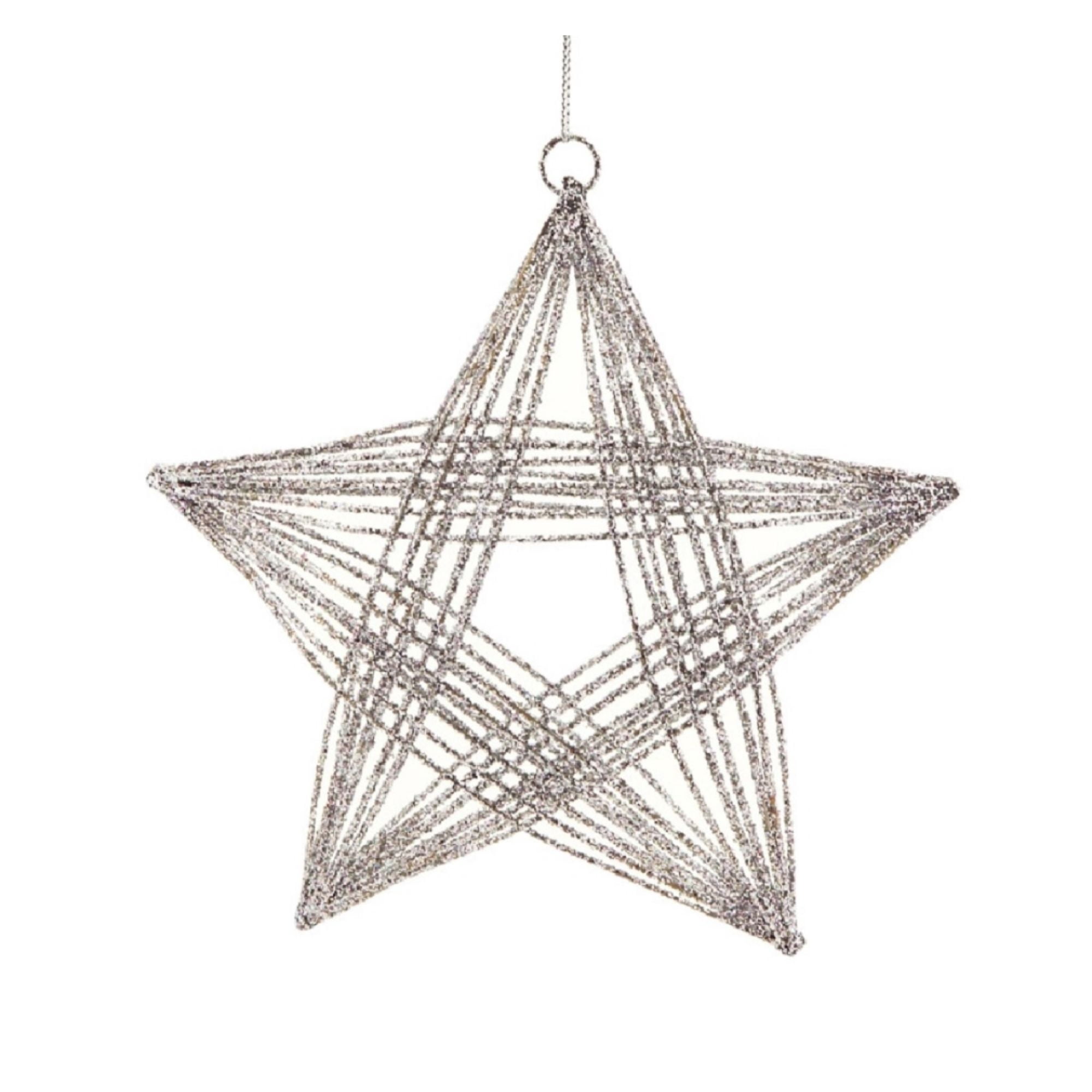 Set of 2 Silver Glittered 3D Wire Frame Star Christmas Ornaments 8.25"