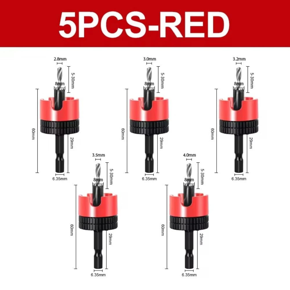 5PCS Countersink Drill Bit Set Steel Adjustable Depth Stop Hex Shank Varied Sizes 2.8 to 4x8mm Woodworking Tools