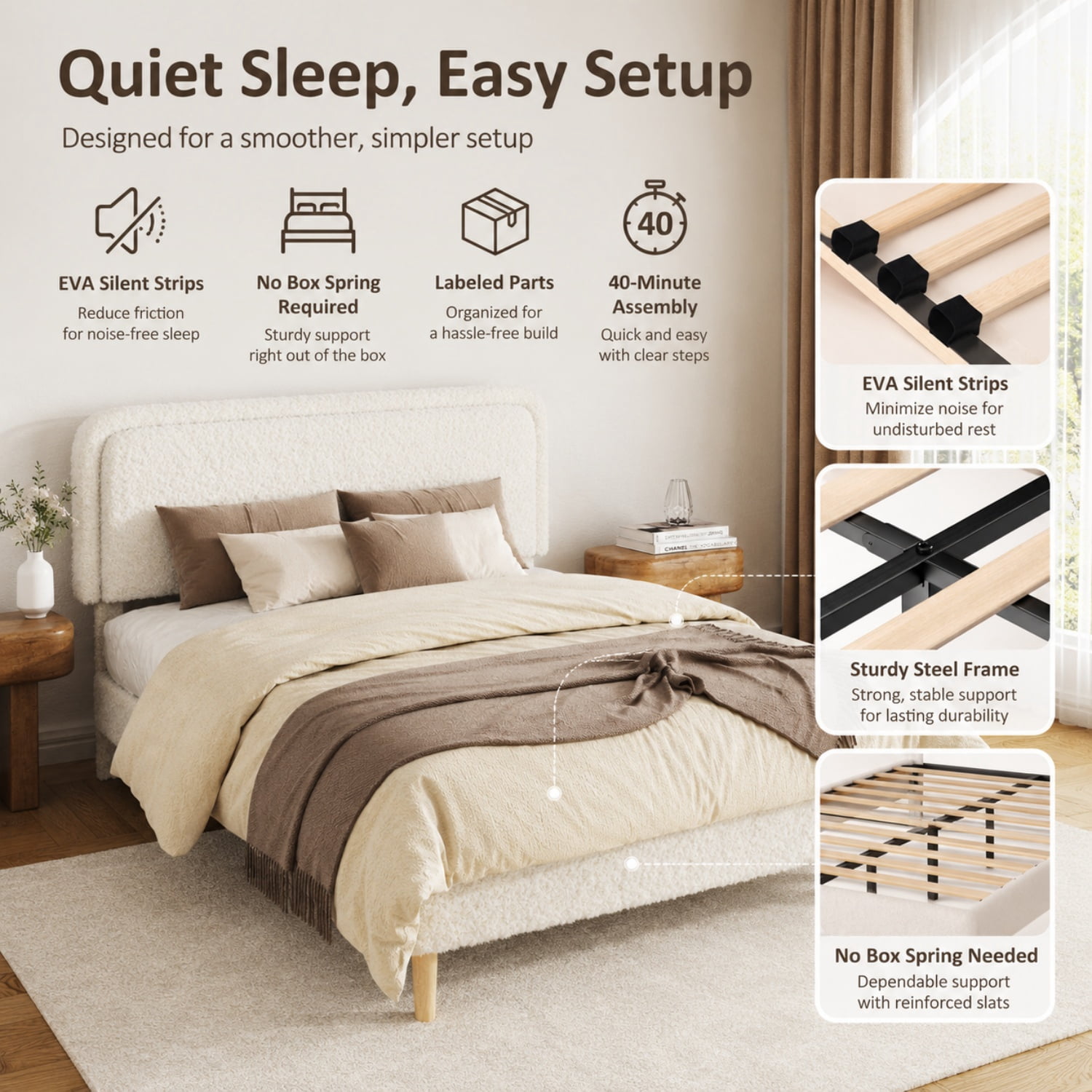 Miniyam King Size Boucle Upholstered Platform Bed Frame with Adjustable Headboard and Wood Slat Support, White