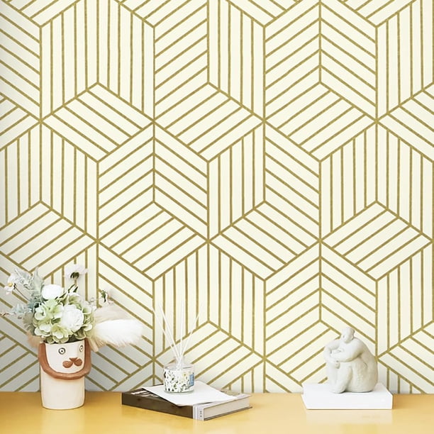 Papel Pintado Beige Y Dorado Para Despegar Y Pegar, Papel De Contacto Hexagonal A Rayas Doradas, Papel De Pared Autoadhesivo Extraíble, Vinilo Geométrico Impermeable Para Decoración De Cajones, Estant