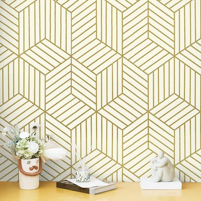 Papel Pintado Beige Y Dorado Para Despegar Y Pegar, Papel De Contacto Hexagonal A Rayas Doradas, Papel De Pared Autoadhesivo Extraíble, Vinilo Geométrico Impermeable Para Decoración De Cajones, Estant
