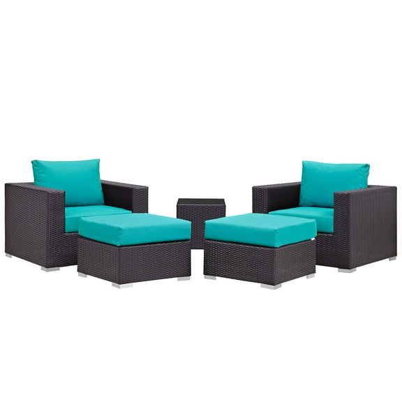 Modern Contemporary Urban Design Outdoor Patio Balcony Five PCS Sectional Sofa Set, Blue, Rattan