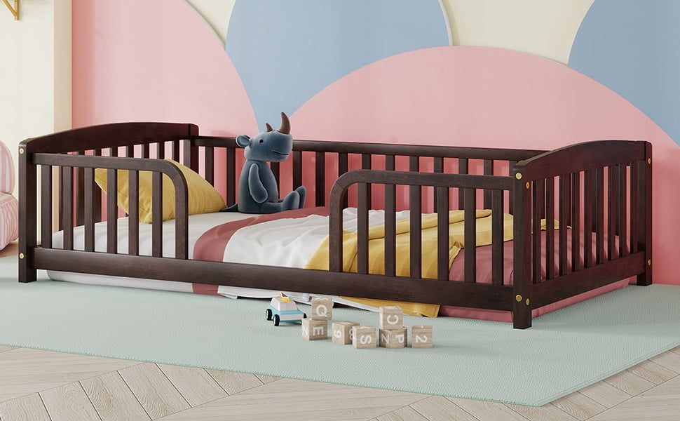 Mintazer Twin Size Toddler Floor Bed with Guardrails & Central Entrance, Espresso