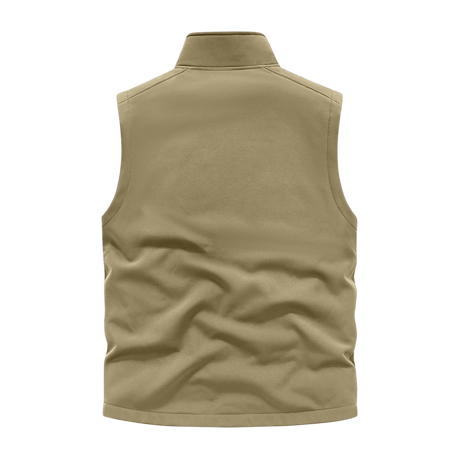 VSSSJ Men's Softshell Vest Outerwear Zip Up Fleece Lined Windproof Travel Vest Outdoor Sleeveless Stand Collar Sports Jacket for Golf Running Hiking Khaki M