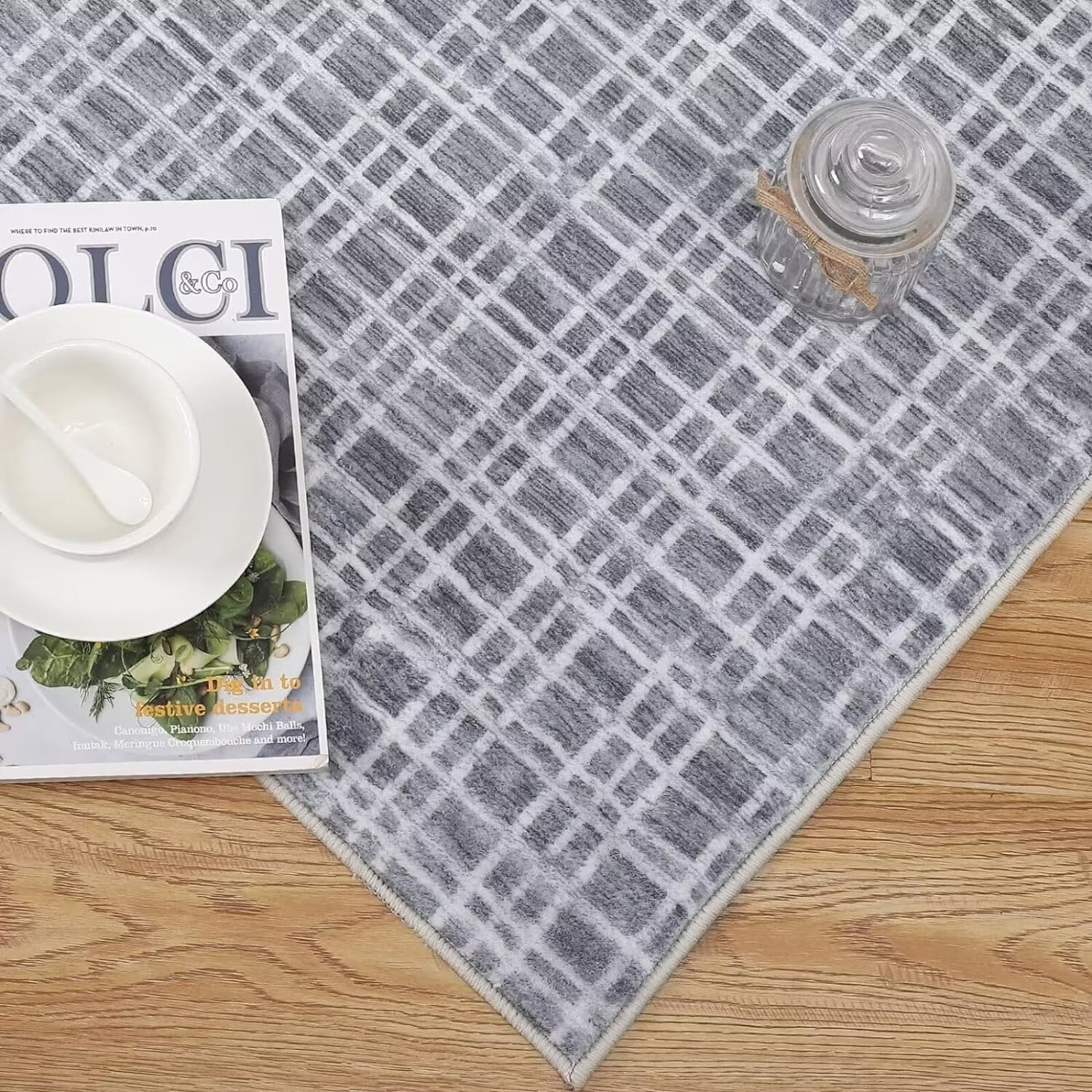 GlowSol 10' x 13' Large Washable Rug Modern Plaid Rug Indoor Farmhouse Checkered Rug Non-Slip Non Shedding Floor Carpet Low Pile Non-Slip Rug, Dark Gray