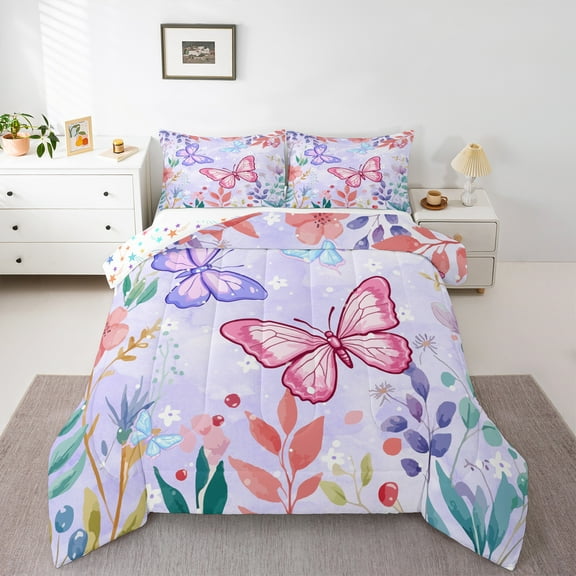 Homewish Kawaii Butterfly Lover Bedding Comforter Set for Kids, Rustic Leaf Plant Twin Comforter Sets, Cute Cartoon Animal Reversible Bedding Set, Breathable Home Decor, 2-Piece