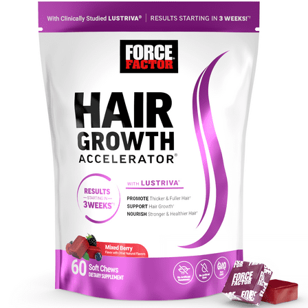 Force Factor Hair Growth Accelerator, Hair Growth Vitamins for Women & Men with Clinically Studied Lustriva & Biotin, Mixed Berry, 60 Soft Chews