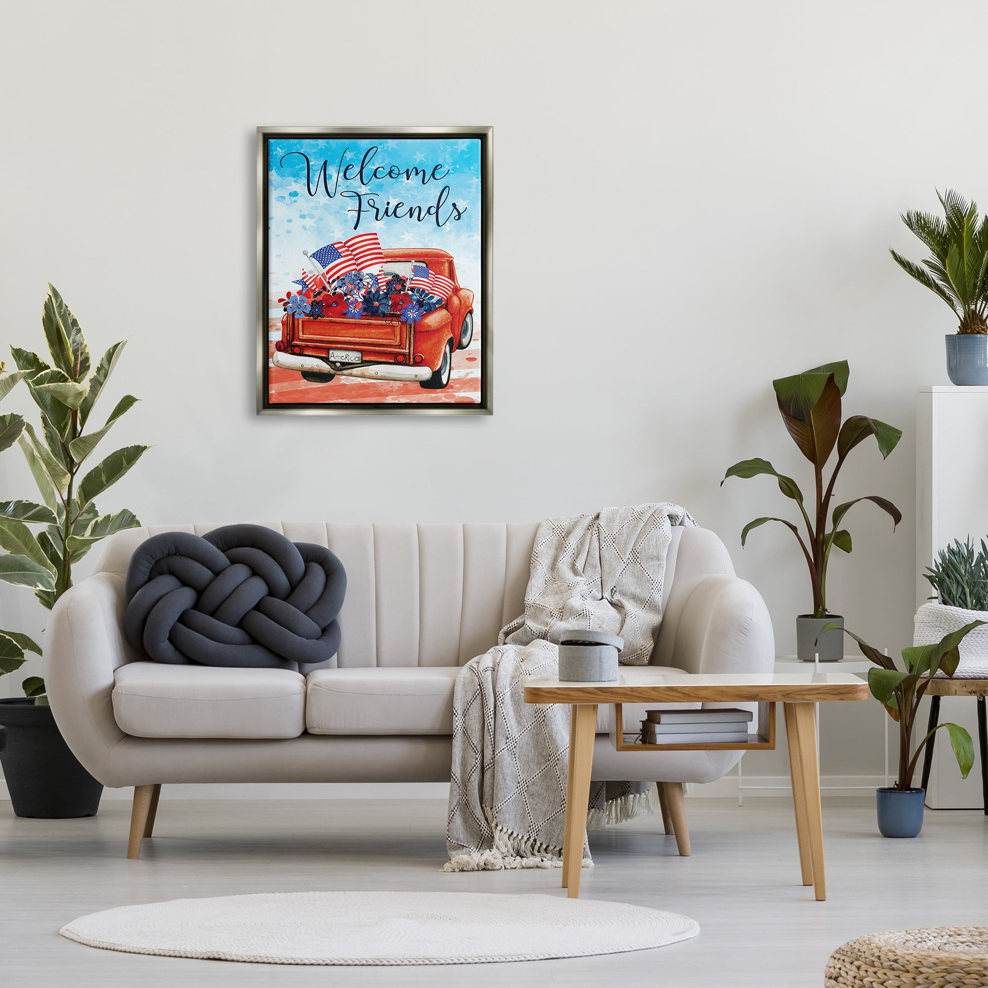 Stupell Welcome Friends Americana Pickup Truck Holiday Painting Gray Floater Framed Art Print Wall Art