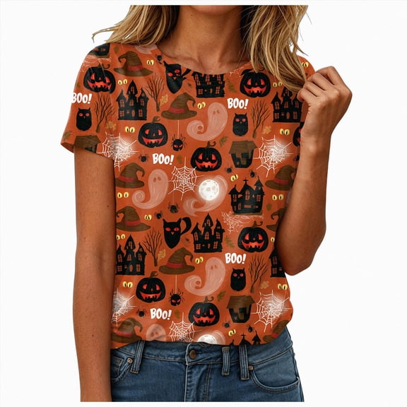 NOLDARES Halloween Shirts for Women Cute Ghost with Coffee Pumpkin Shirts Cute Fall Short Sleeve Graphic Tee Tops(Brick Red,M)