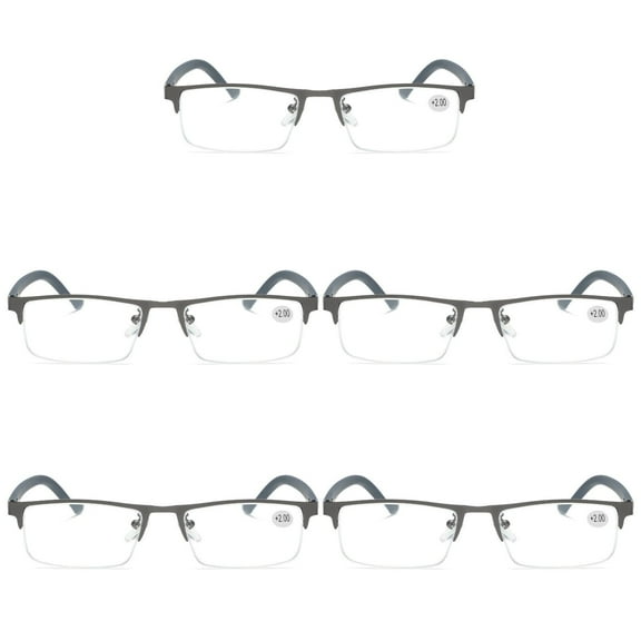 5 PK Men's Blue Light Blocking Reading Glasses - Rectangular Metal Half-Frame - Spring Hinge Readers  0.75