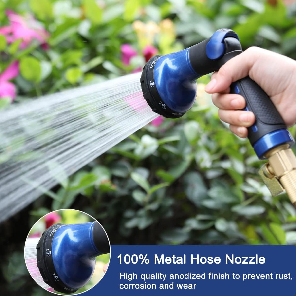 FANHAO Garden Hose Nozzle with Thumb Control, 100% Heavy Duty Metal Watering Nozzle 8 Spray Patterns