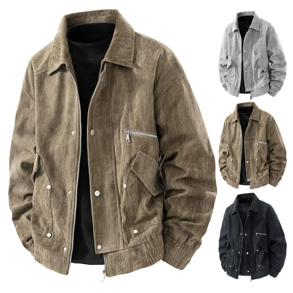 RYDCOT Men's Lapel Collar Corduroy Workwear Jacket Lightweight Solid Color Retro Zipper Cardigan Workwear Top Gray XL(XL)