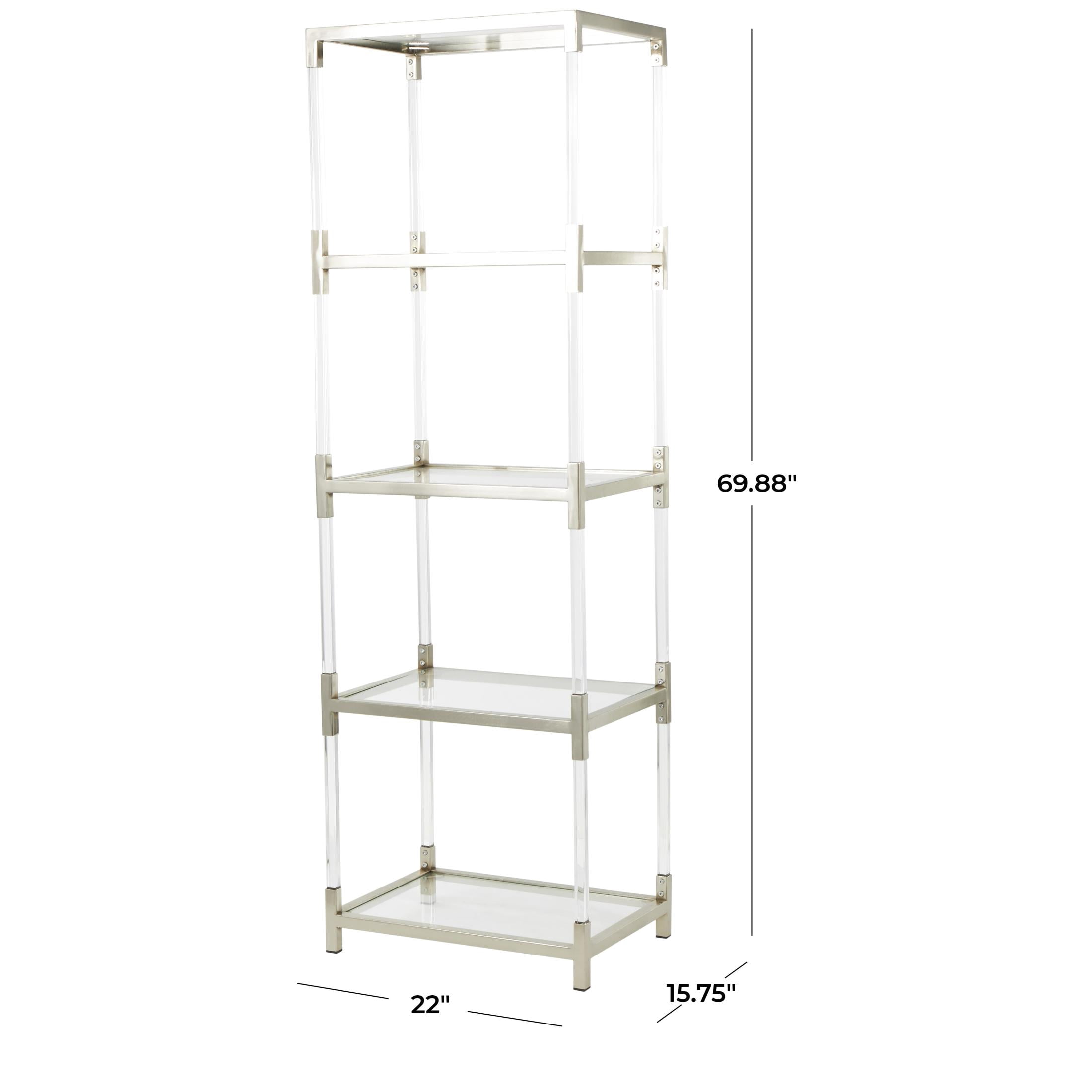DecMode 22" x 70" Silver Metal Cube Shaped 4-Tier Shelving Unit with Clear Glass Top and Acrylic Legs, 1-Piece