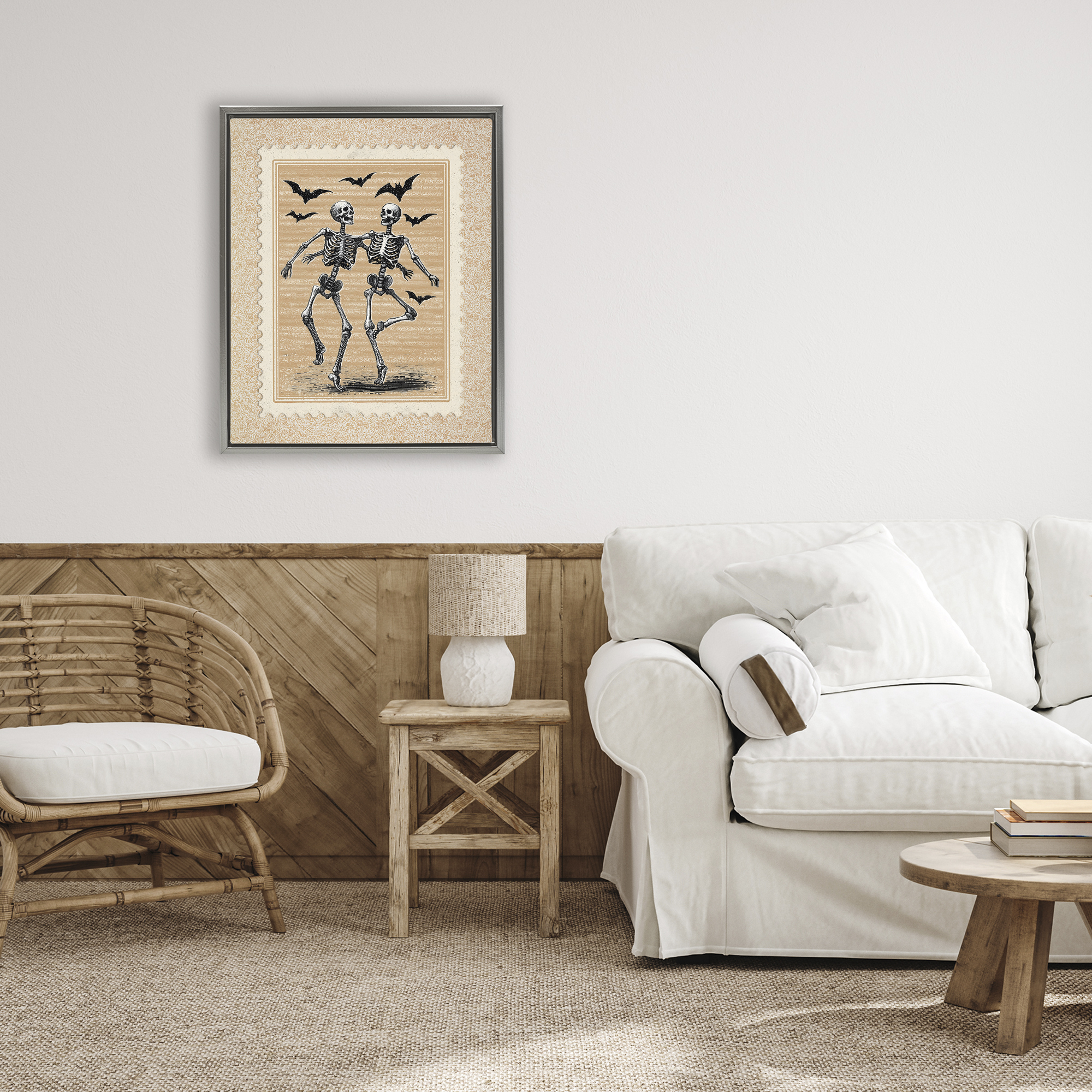 Vintage Dancing Skeletons Stamp Gray Framed Floater Canvas Wall Art, design by Arlington Prints