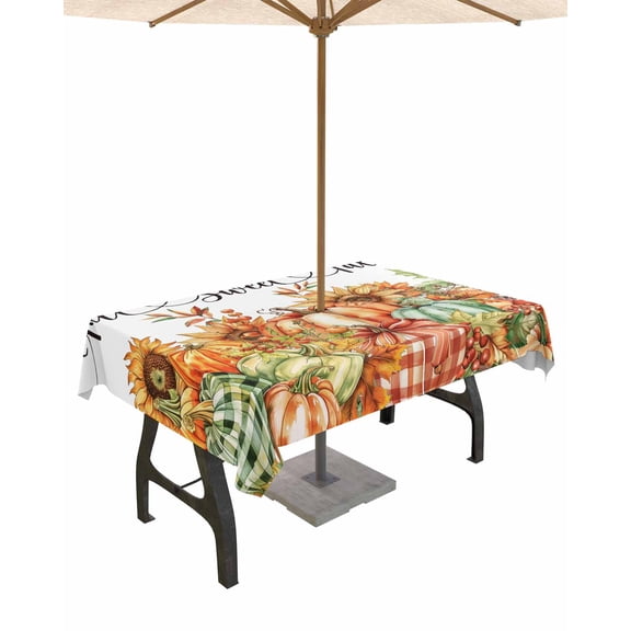Boanket Outdoor Tablecloth with Umbrella Hole for Patio/Picnic/Party/Camping, Fall Pumpkins Waterproof Table Cloth Rectangle Table Cover Washable, Orange Green Pumpkins Thanksgiving (60"x 102")
