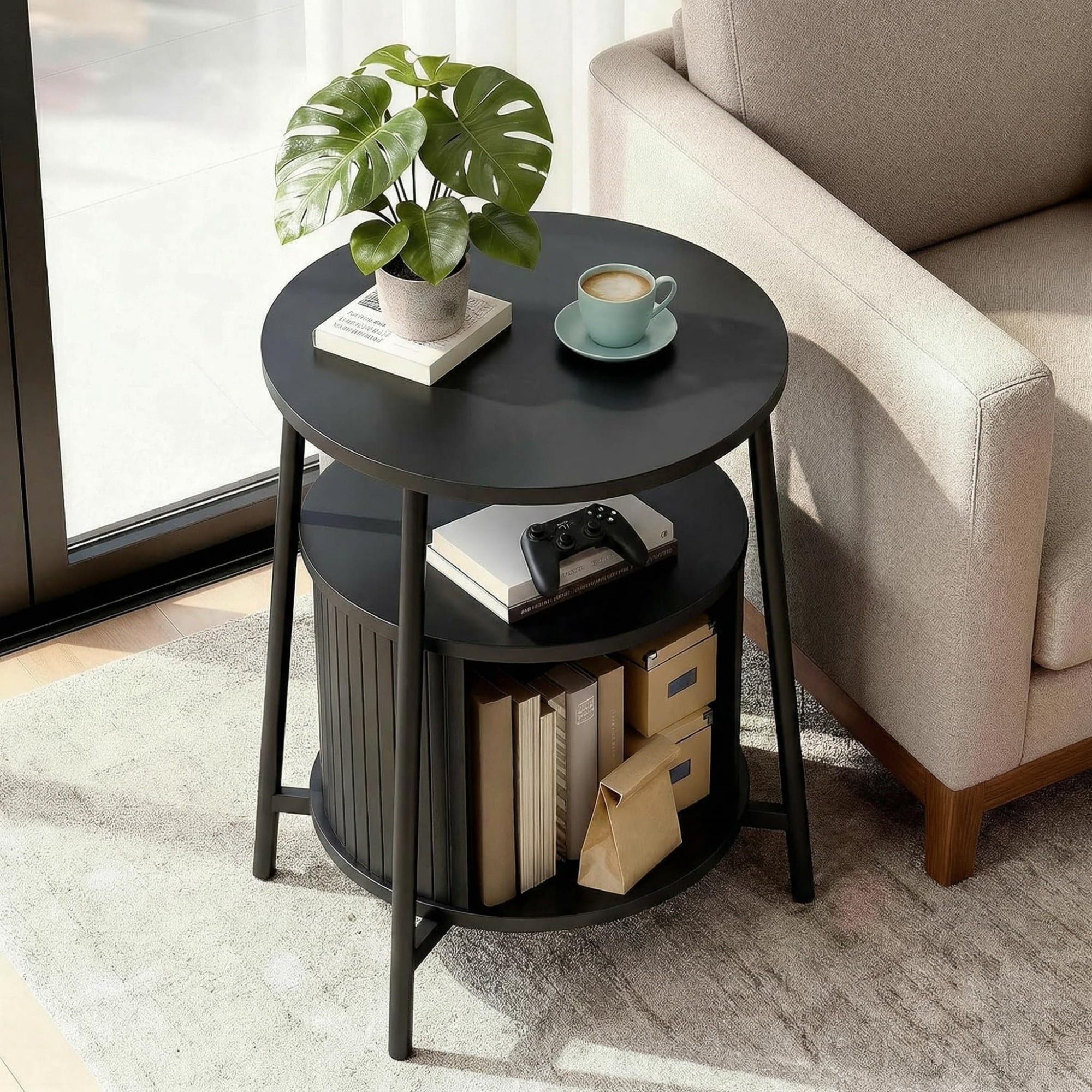 Round End Table Set of 2 with Charging Station, Fluted Side Table with Sliding Door, Mid Century Modern Nightstand for Bedroom & Living Room, Black