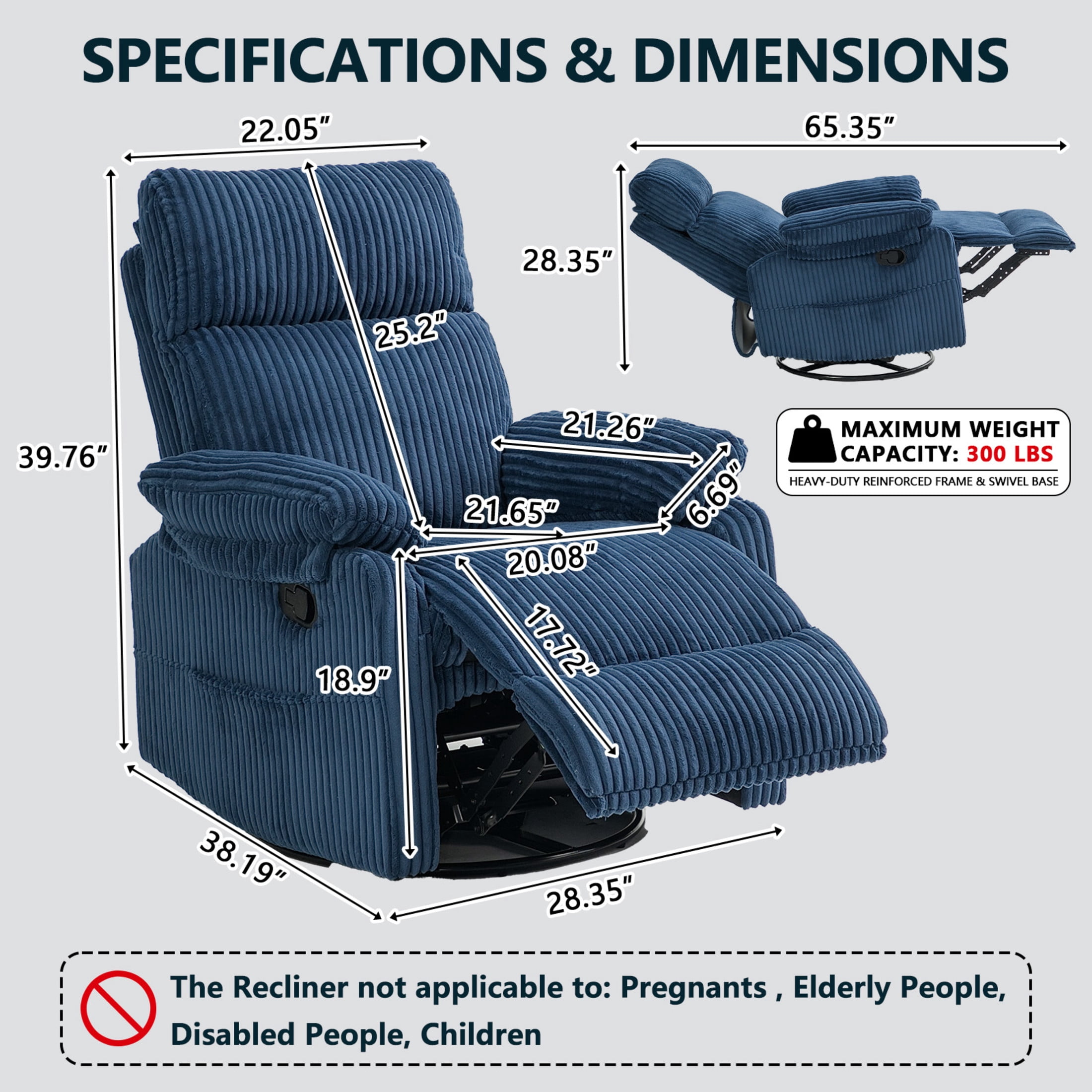 GDF Studio Louisa Compact Rocking Recliner for Nursery & Small Spaces, Modern Corduroy 360° Swivel Chair, Blue