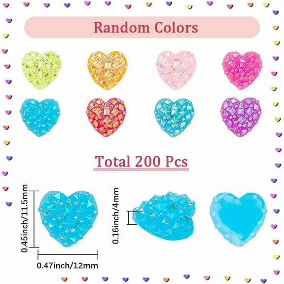 200Pcs Resin Heart Charms Hearts Cabochons Bulk Random Mixed Color Flatback Valentines Love Shiny Decor Cabochon for DIY Crafts Scrapbooking Jewelry Making Phone Case Hairpin Accessories
