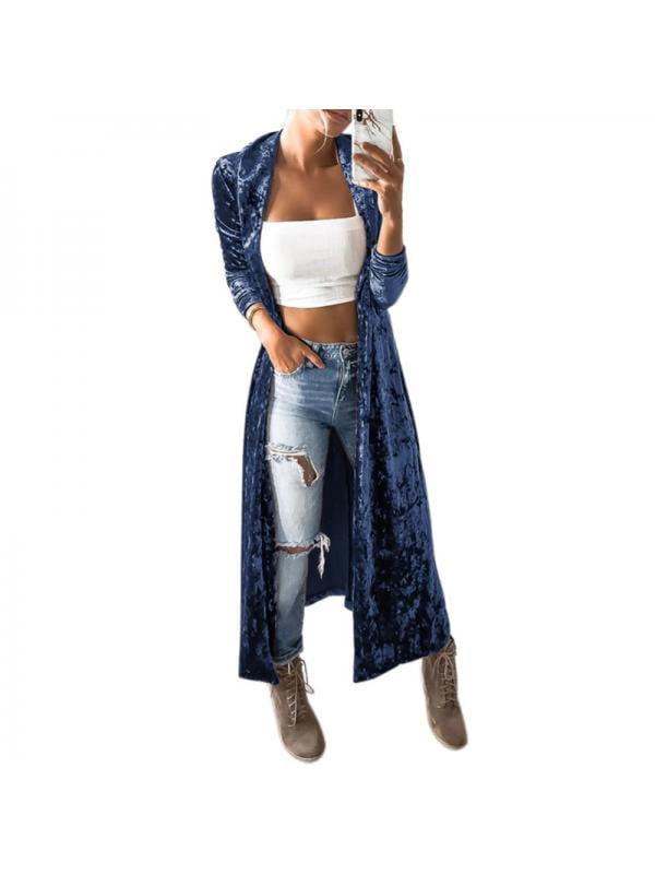 Kedera Women's Long Velvet Duster Cardigan Open Front Outerwear Maxi Long Sleeve Trench Coat with Tassels
