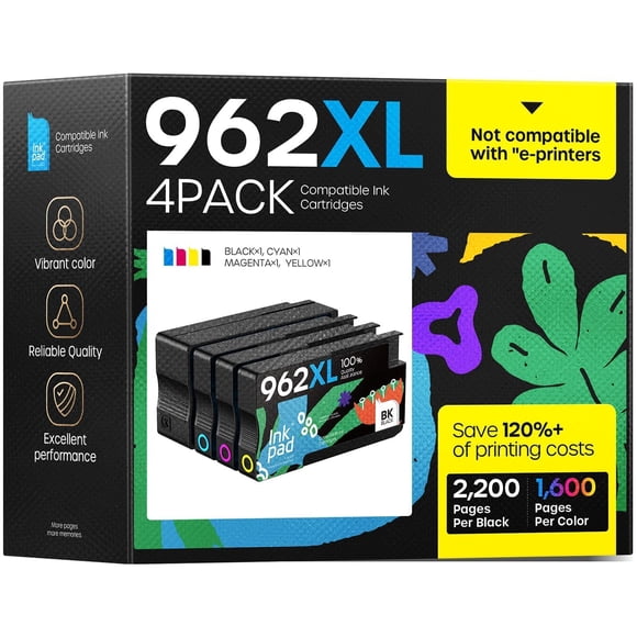 962xl 962 Ink Cartridges Compatible for HP OfficeJet Pro 9015 9018 9010 9020 Series Printer, 962 XL High Yield Ink Cartridge Combo Pack 4 Pack, No e