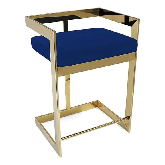 Benjara Dok 26" Counter Height Stool- Blue- Cantilever- Gold Stainless Steel