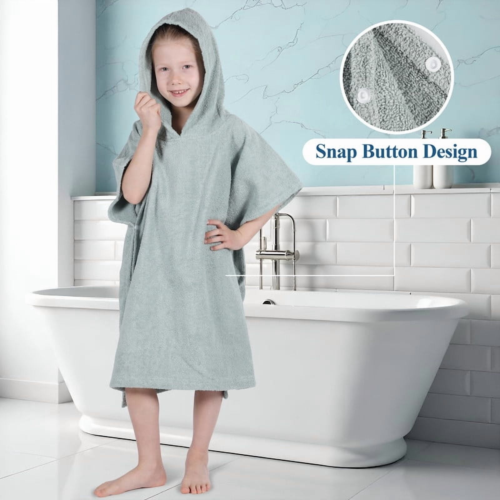 Superior Lyron Kids Cotton Terry Medium Weight Hooded Poncho Bath Towel, Large, Sage